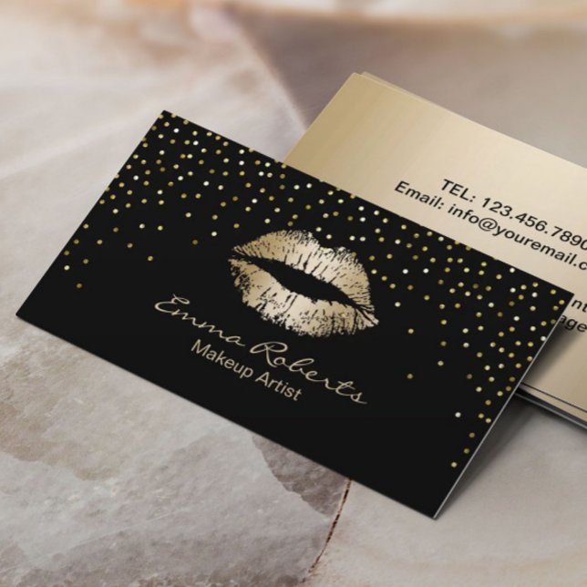 Makeup Artist Modern Confetti Dots Gold Kiss Business Card (Creator Uploaded)