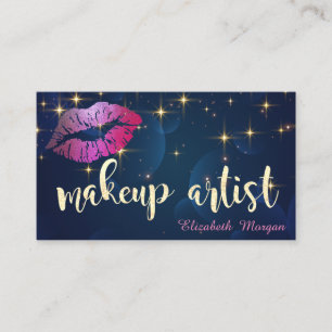 Makeup Artist Modern Glittery Lips Stars Navy Blue Business Card