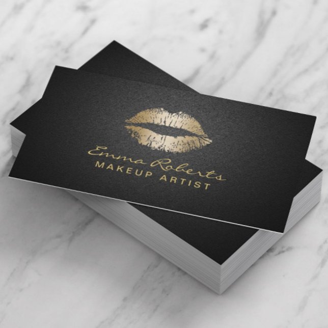 Makeup Artist Modern Gold Lips Elegant Black Business Card (Creator Uploaded)