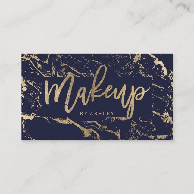 Makeup artist modern gold typography marble navy business card (Front)