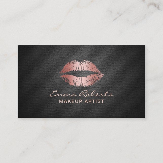 Makeup Artist Modern Rose Gold Lips Elegant Black Business Card (Front)