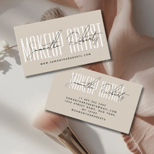 Makeup artist modern typography script beige business card