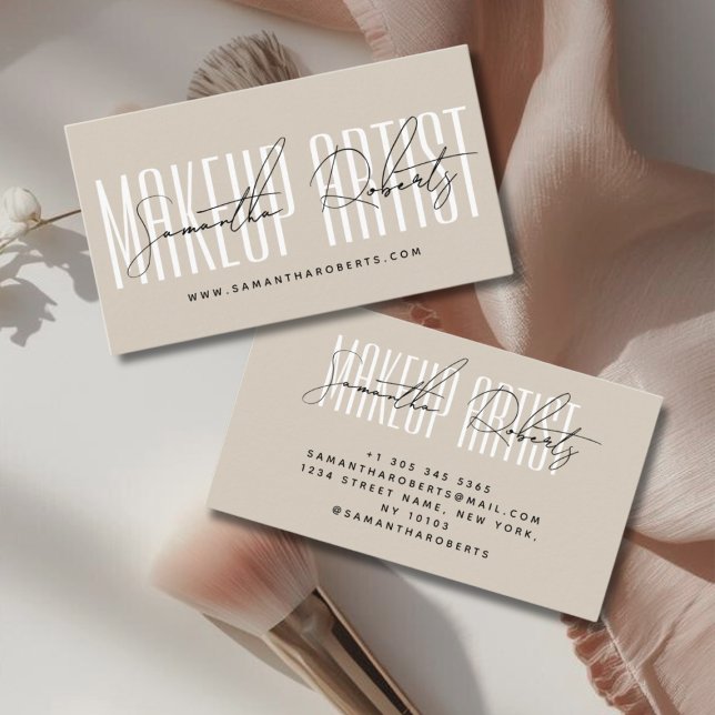 Makeup artist modern typography script beige business card (Creator Uploaded)