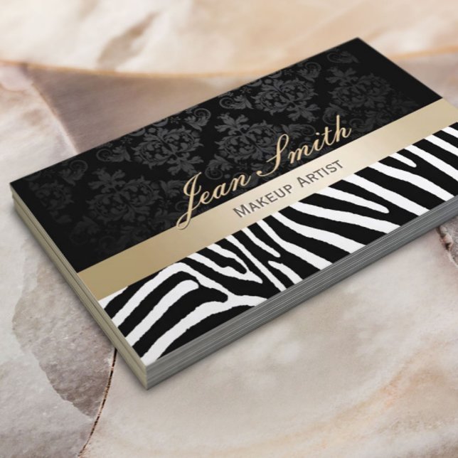 Makeup Artist Modern Zebra Pattern Gold Stripe Business Card (Creator Uploaded)