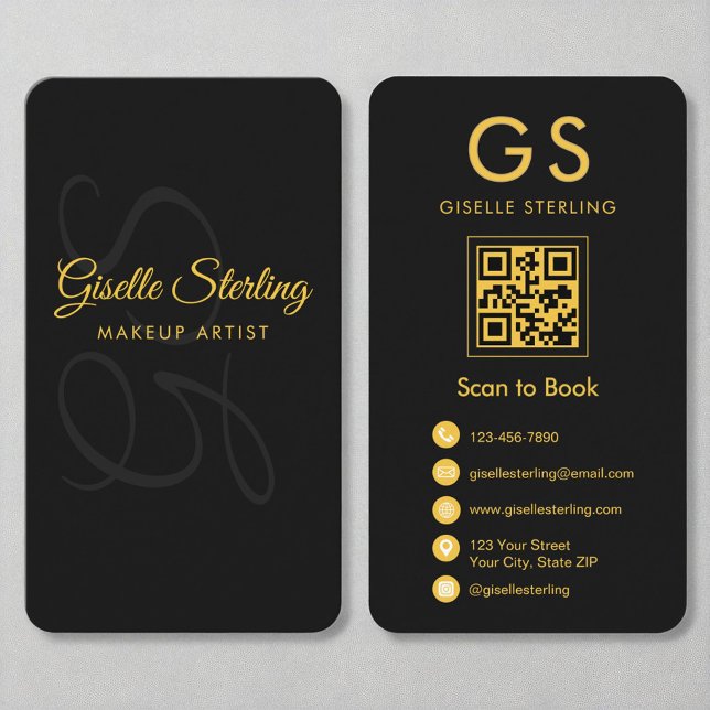 Makeup Artist Monogram Black Gold QR Code Beauty Business Card (Creator Uploaded)