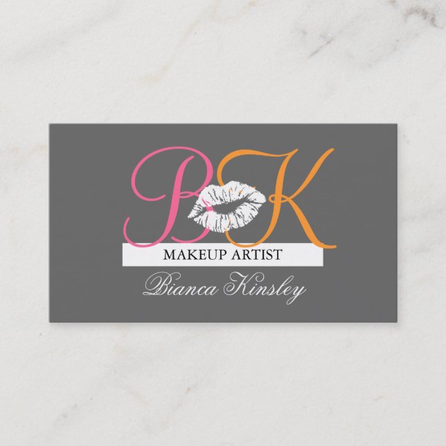 Makeup Artist Monograms Business Cards Pink Grey (Front)