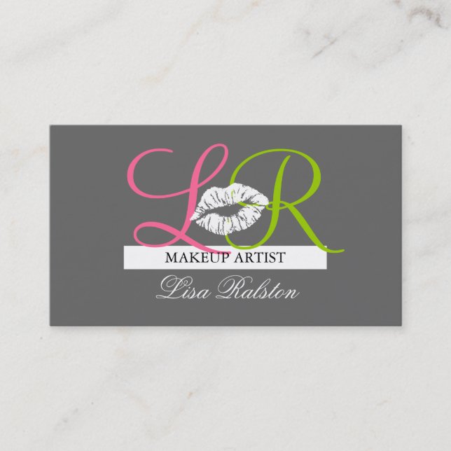 Makeup Artist Monograms Business Cards Pink Grey (Front)