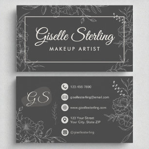 Makeup Artist Moody Charcoal Gray Floral Modern Business Card