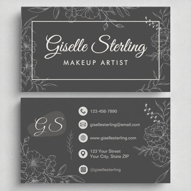 Makeup Artist Moody Charcoal Grey Floral Modern Business Card (Creator Uploaded)