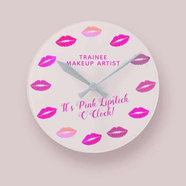 Makeup Artist MUA Pink Lipstick Wall Clock (It's always Pink Lipstick O'Clock!  Just add your Makeup Artist name or Business Name)