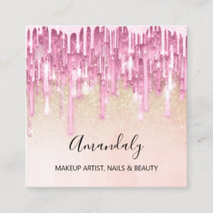 Makeup Artist Nail Logo Rose Glitter Confetti Pink Square Business Card