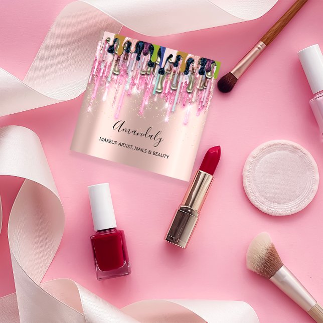 Makeup Artist Nails Logo Rose Glitter Gold Drips Square Business Card (Makeup Artist Nails Logo Rose Glitter Gold Drips Square Business Card)