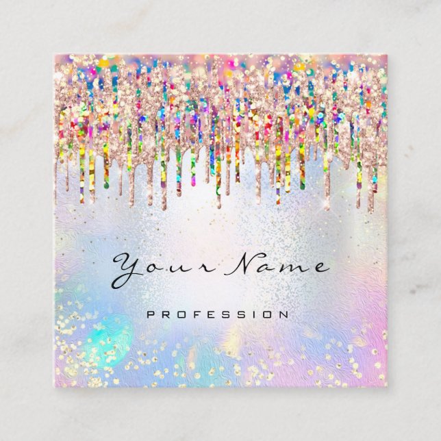 Makeup Artist Nails Unicorn Blue Holograph Rose Square Business Card (Front)