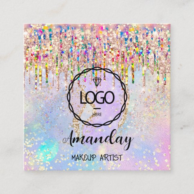 Makeup Artist Nails Unicorn Gold Holograph Logo Qr Square Business Card (Front)