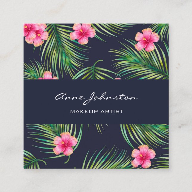 Makeup Artist Navy Green Fern Tropical Pink Flower Square Business Card (Front)
