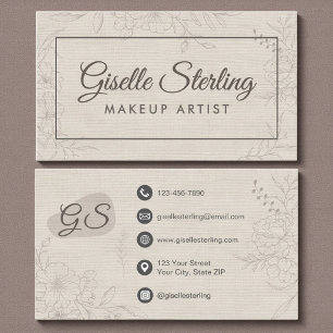 Makeup Artist Neutral Linen Floral Elegant Script Business Card