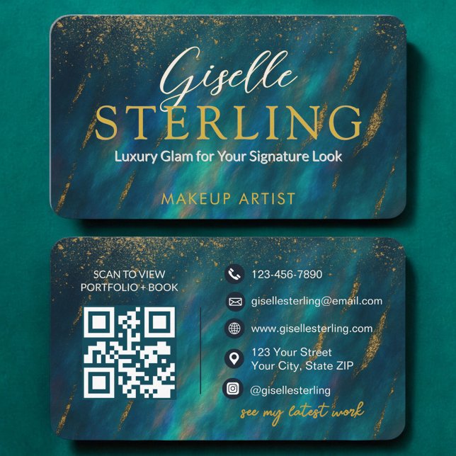 Makeup Artist Opal Green Glam Modern QR Code  Business Card (Creator Uploaded)