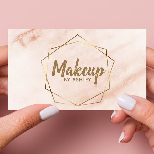 Makeup Artist Peach Marble Geometric Gold Elegant Business Card (Creator Uploaded)