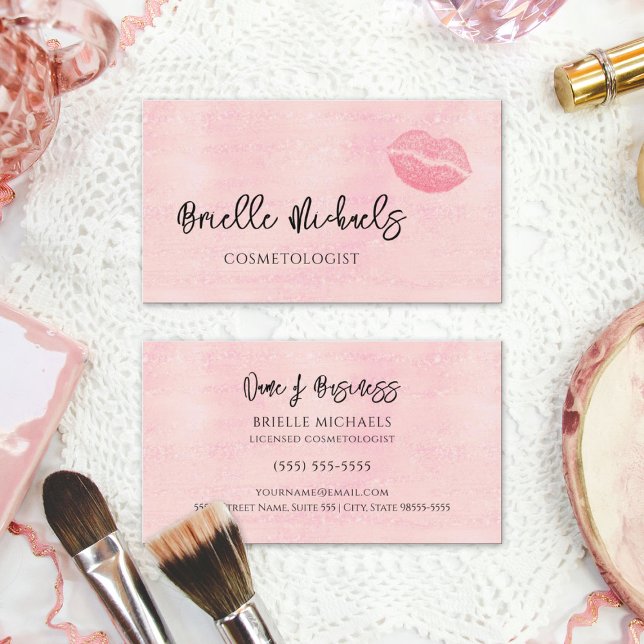 Makeup Artist Pearl Pink Lipstick Kiss Cosmetology Business Card (Makeup Artist Pearl Pink Lipstick Kiss Cosmetology Business Cards)
