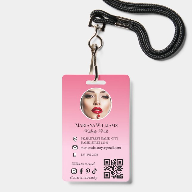 makeup artist  photo qr code pink small business ID badge (Front with Lanyard)