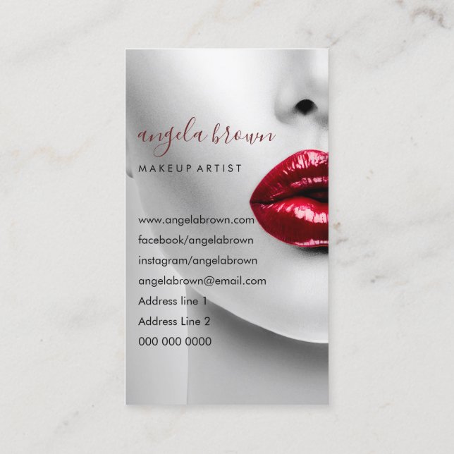 Makeup Artist Photo red lips lipstick gloss Business Card (Back)