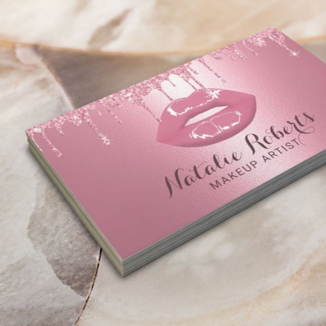 Makeup Artist Pink Glitter Drips Chic Lips Salon  Business Card (Creator Uploaded)