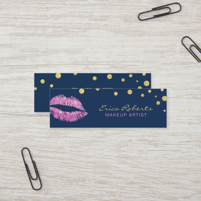 Makeup Artist Pink Glitter Lips Navy Blue Mini Business Card (Front/Back In Situ)