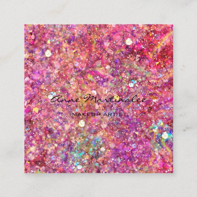 Makeup Artist Pink Glitter Square Business Card (Front)