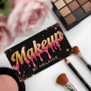 Makeup Artist pink Gold Drips Trendy Black Glitter Business Card