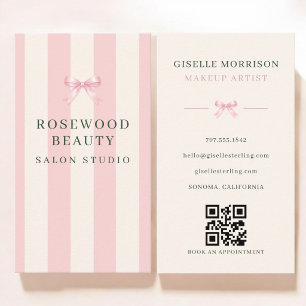 Makeup Artist Pink Green Striped Bow QR Code Business Card