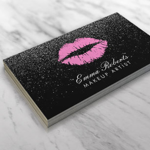 Makeup Artist Pink Lips Black Glitter Modern Business Card