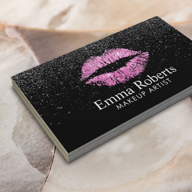 Makeup Artist Pink Lips Modern Black Glitter Salon Business Card (Creator Uploaded)