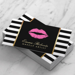 Makeup Artist Pink Lips Modern Black White Stripes Business Card