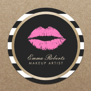 Makeup Artist Pink Lips Modern Black White Stripes Classic Round Sticker