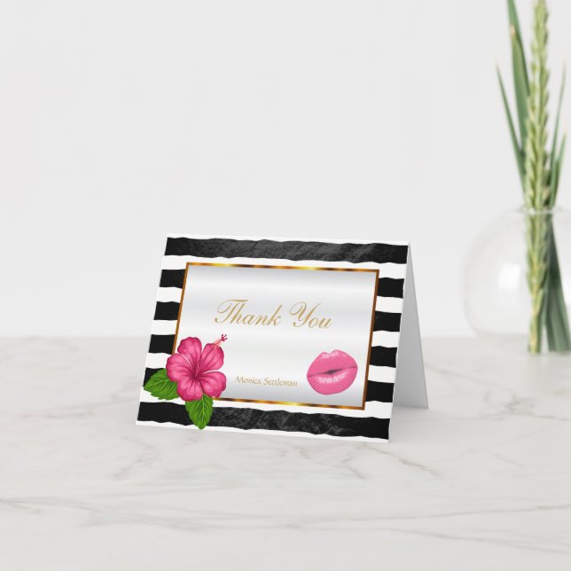 Makeup Artist  Pink Lips on Black & White Stripes Thank You Card (Front)