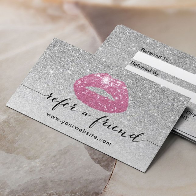 Makeup Artist Pink Lips Silver Glitter Referral Card (Creator Uploaded)