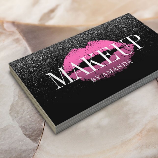 Makeup Artist Pink Lips Trendy Black Glitter Bold Business Card (Creator Uploaded)