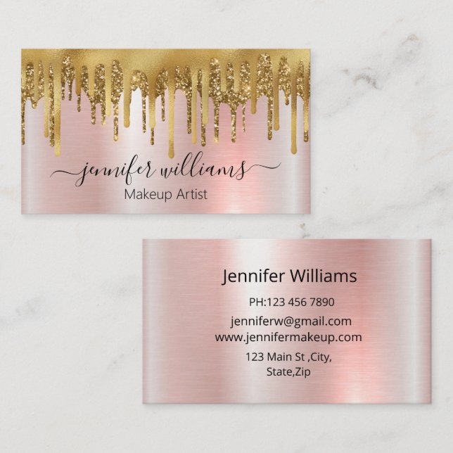 makeup artist,pink metallic rose gold glitters business card (Front/Back)