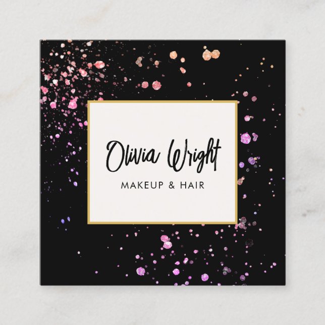 Makeup Artist Pink Splatters Signature Script Square Business Card (Front)