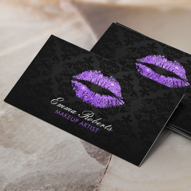 Makeup Artist Purple Glitter Lips Elegant Damask Business Card (Creator Uploaded)