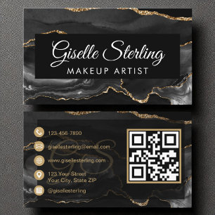 Makeup Artist QR Code Black Gold Agate Luxury  Business Card