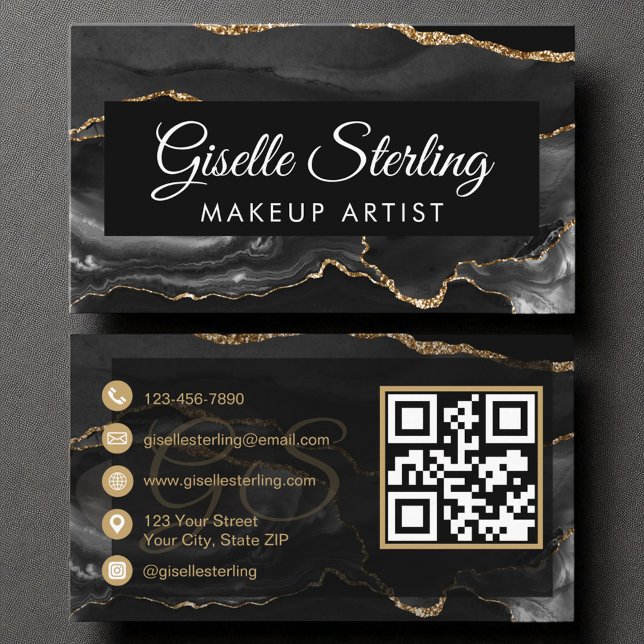 Makeup Artist QR Code Black Gold Agate Luxury  Business Card (Creator Uploaded)