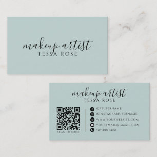 Makeup Artist QR Code Dusty Blue Green Business Card