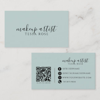 Makeup Artist QR Code Dusty Blue Green Business Card