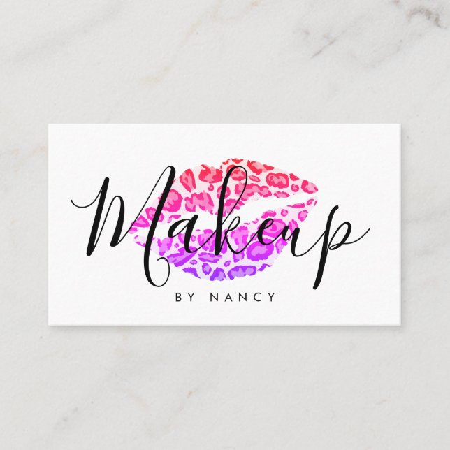 Makeup Artist Rainbow Glitter Leopard Lips Business Card (Front)