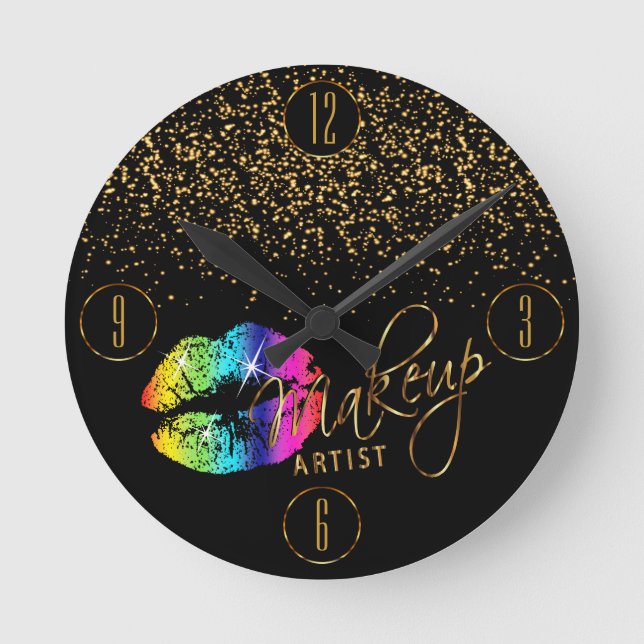 Makeup Artist Rainbow Lips and Gold Glitter Round Clock (Front)
