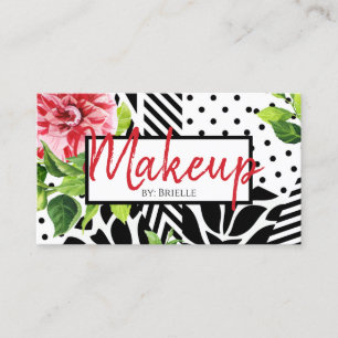 Makeup Artist Red Floral Black White Geometric Business Card