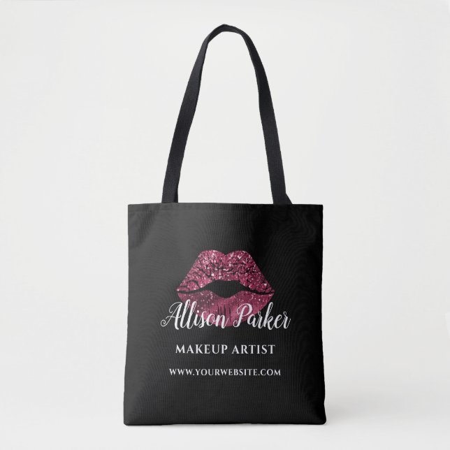 Makeup Artist Red Glitter Kiss Lips Business Tote Bag (Front)