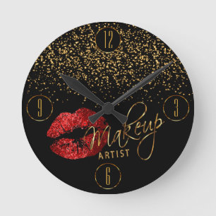 Makeup Artist Red Lips and Gold Confetti Round Clock