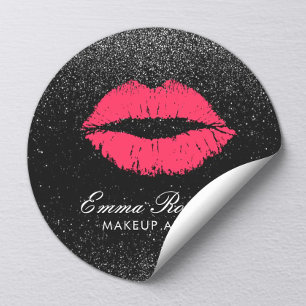 Makeup Artist Red Lips Black Glitter Modern Salon Classic Round Sticker